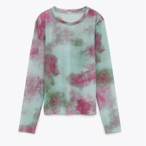 Zara Mesh Tie Dye Sheer Long Sleeve Top Size Small